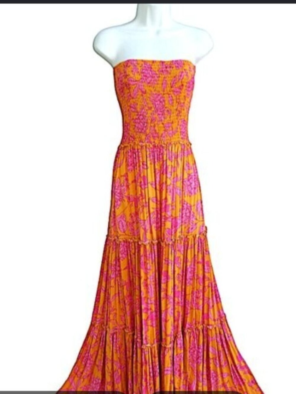 Strapless  maxi dress with smocked bodice.